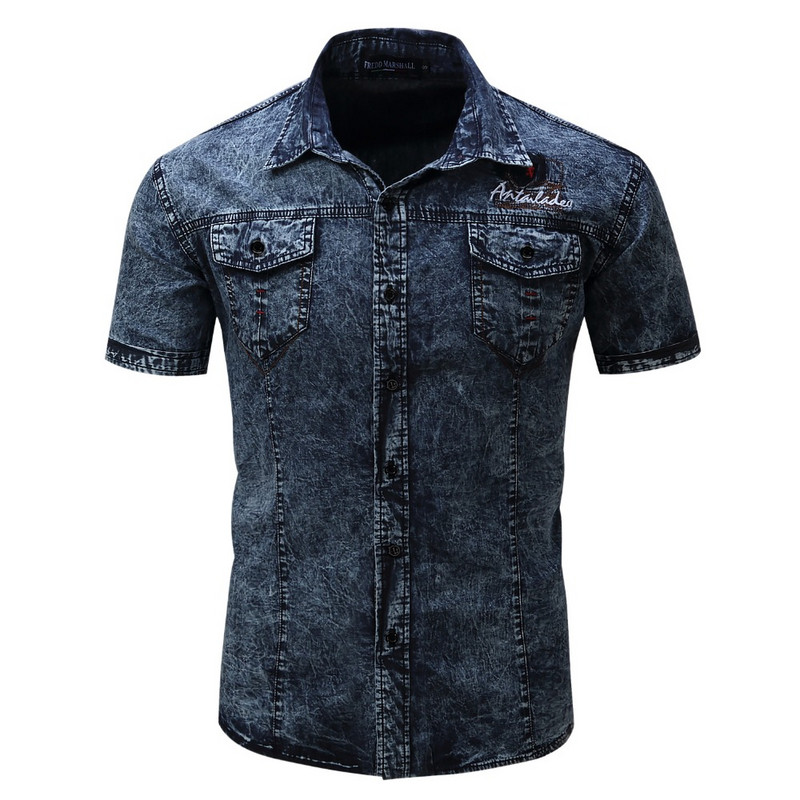 FREDD MARSHALL Cămașă nouă pentru bărbați Cămașă din denim cu mânecă scurtă Rochie ocazională pentru bărbați Cămăși din Jean de înaltă calitate Purtate pe stradă
