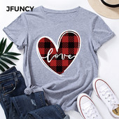 Tricou pentru femei JFUNCY 5XL, în carouri, cu scrisoare de dragoste, cu imprimeu grafic, tricou cu mânecă scurtă pentru femei, vară, din bumbac, pentru femei.