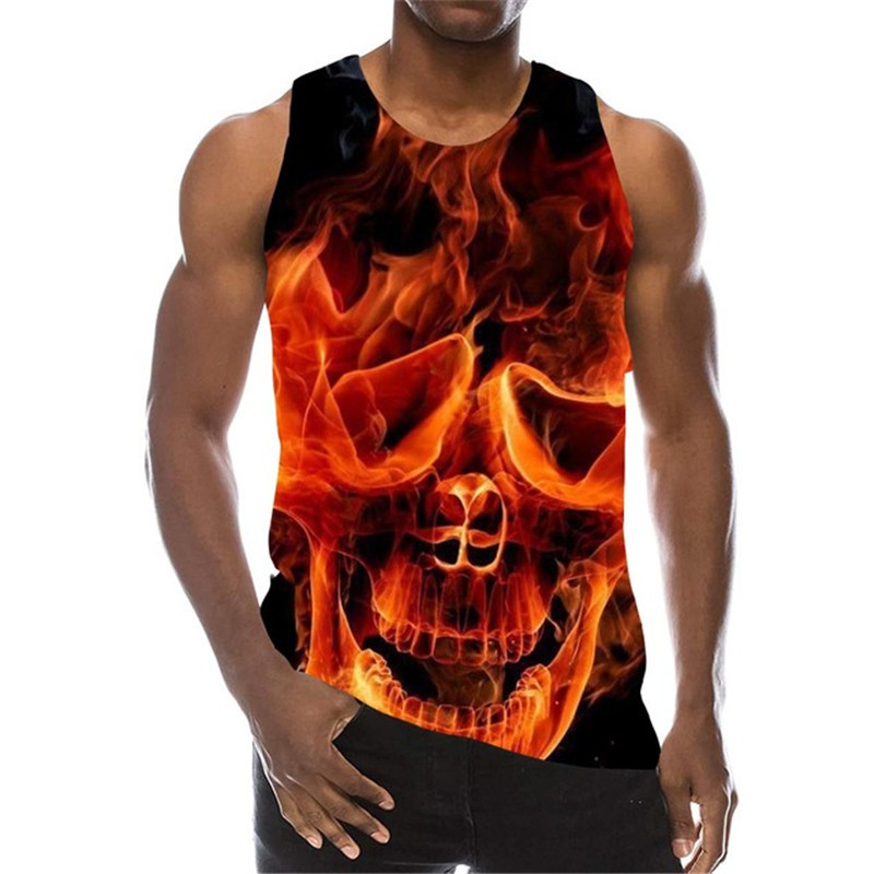 Ανδρικά γραφικά ντεπόζιτα κρανίου Καλοκαιρινό αμάνικο σκελετός φλόγας 3D τυπωμένο ανδρικό γιλέκο δρόμου τρόμου Μπλούζες δεξαμενής Plus Size 6XL