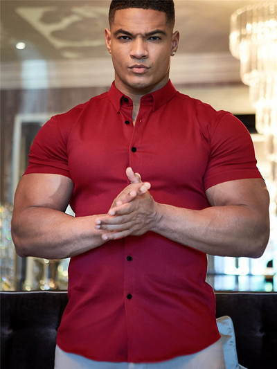 Ανδρικό πουκάμισο Καλοκαιρινό επαγγελματικό πουκάμισο Κοντό μανίκι πουκάμισο σμόκιν πουκάμισο με γυριστό γιακά Μόδα Super Slim Fit Ανδρικό κοινωνικό πουκάμισο