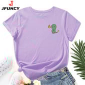 Tricou imprimat cu buzunar din dinozaur din desene animate JFUNCY Tricou cu mânecă scurtă pentru femei Tricou pentru femei de vară Tricou pentru femei