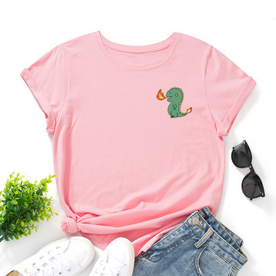 Tricou imprimat cu buzunar din dinozaur din desene animate JFUNCY Tricou cu mânecă scurtă pentru femei Tricou pentru femei de vară Tricou pentru femei