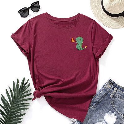 Tricou imprimat cu buzunar din dinozaur din desene animate JFUNCY Tricou cu mânecă scurtă pentru femei Tricou pentru femei de vară Tricou pentru femei