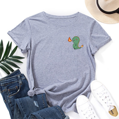 Tricou imprimat cu buzunar din dinozaur din desene animate JFUNCY Tricou cu mânecă scurtă pentru femei Tricou pentru femei de vară Tricou pentru femei
