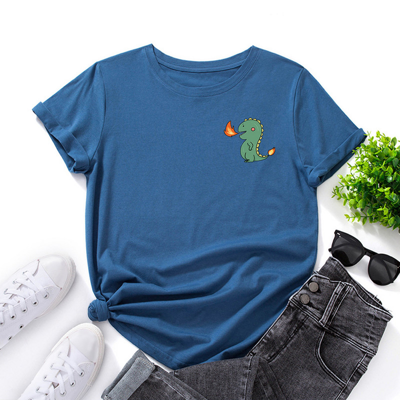 Tricou imprimat cu buzunar din dinozaur din desene animate JFUNCY Tricou cu mânecă scurtă pentru femei Tricou pentru femei de vară Tricou pentru femei