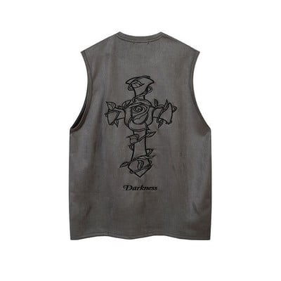 Vestă hiphop pentru bărbați de vară cu imprimeu încrucișat cu trandafiri americani Y2K ocazional loose street, casual, tatuaj casual, top fără mâneci, îmbrăcăminte pentru bărbați