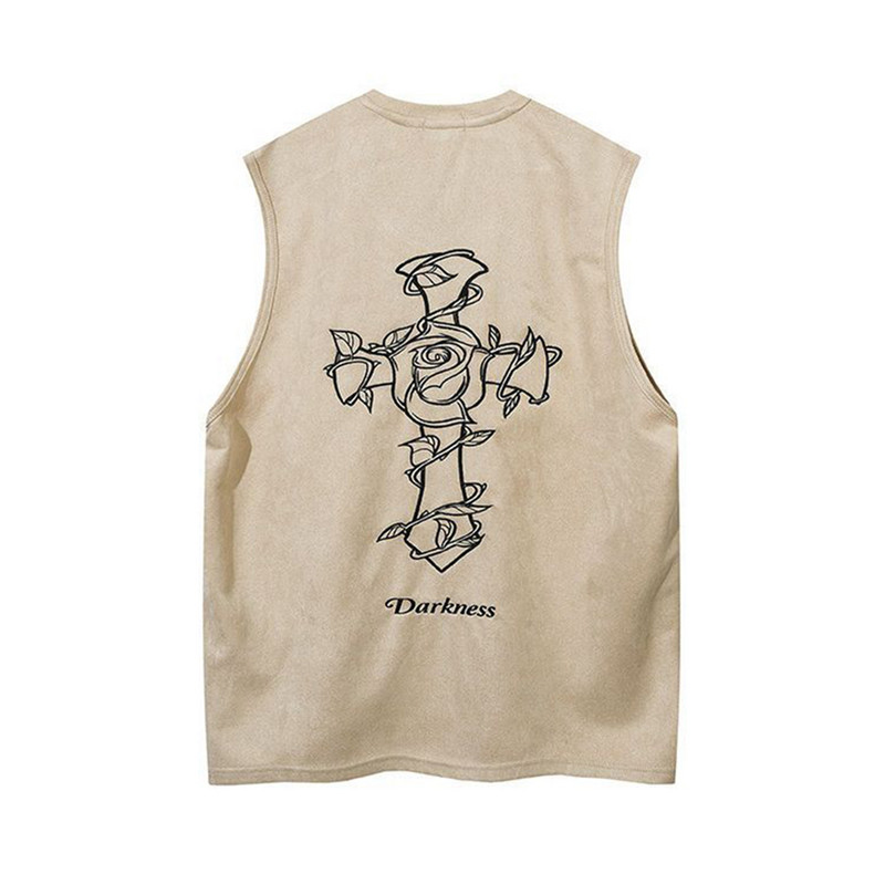 Vestă hiphop pentru bărbați de vară cu imprimeu încrucișat cu trandafiri americani Y2K ocazional loose street, casual, tatuaj casual, top fără mâneci, îmbrăcăminte pentru bărbați