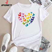 JFUNCY sieviešu topi ar īsām piedurknēm Sieviešu lielizmēra T-krekli Kokvilnas T-krekls Sieviešu Grafikas T krekli Korejas modes sieviešu krekls