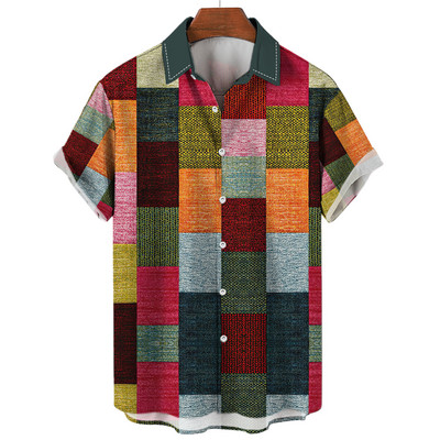 Colorful Plaid Shirt For Men Summer Short-Sleeved Neutral Clothing Loose Shirt Fashion Trend Oversized Men‘s Lapel Shirs Blouses
