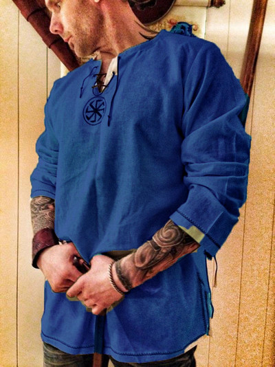 Jauns vīriešu kokvilnas lina krekls, brīvs modes seno vikingu izšuvums ar V veida kakla izgriezumu, mežģīņu krekli Vīriešu ikdienas krekli ar garām piedurknēm