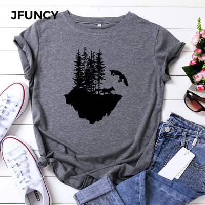 JFUNCY Suvine puuvillane naiste T-särk Wolf Mountain Graafilise trükiga Naiste Tee Harajuku vabaaja Tsärk Naiste särgid Topid