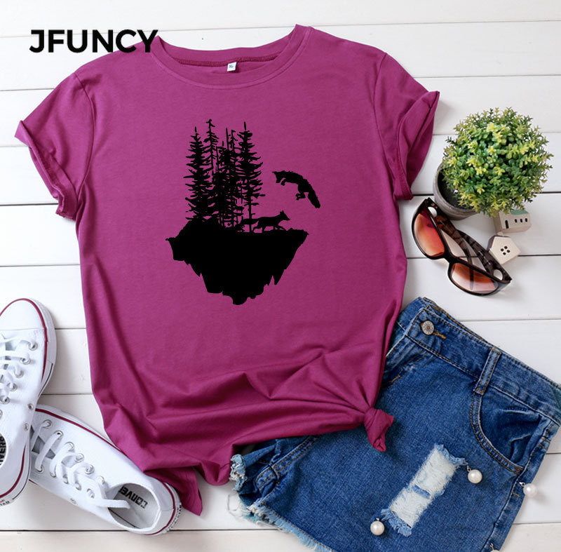JFUNCY vasaras kokvilnas sieviešu T-krekls Wolf Mountain Graphic Print Sieviešu Tee Harajuku Ikdienas Tkrekls Sieviešu Krekli Topi
