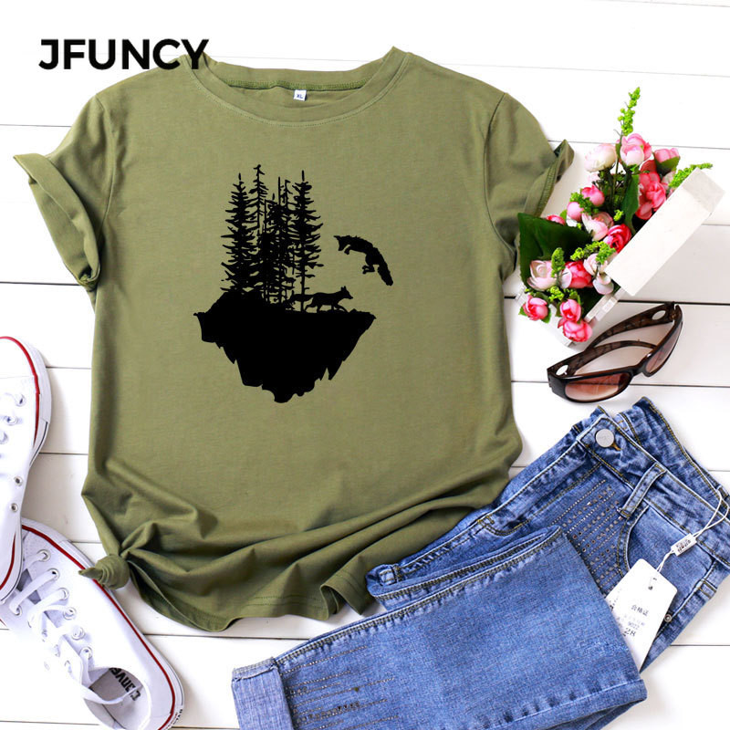 JFUNCY vasaras kokvilnas sieviešu T-krekls Wolf Mountain Graphic Print Sieviešu Tee Harajuku Ikdienas Tkrekls Sieviešu Krekli Topi