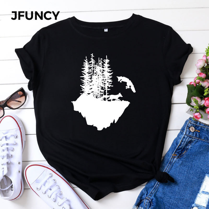 JFUNCY vasaras kokvilnas sieviešu T-krekls Wolf Mountain Graphic Print Sieviešu Tee Harajuku Ikdienas Tkrekls Sieviešu Krekli Topi