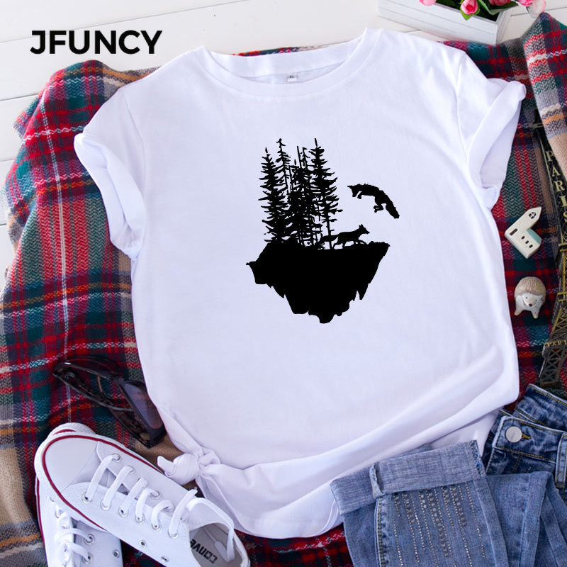 JFUNCY vasaras kokvilnas sieviešu T-krekls Wolf Mountain Graphic Print Sieviešu Tee Harajuku Ikdienas Tkrekls Sieviešu Krekli Topi