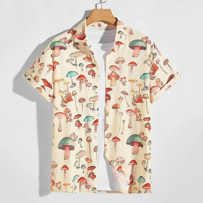 Рубашки 2022. gada vasaras vīriešu havajiešu krekli ar atloku īsām piedurknēm krāsains elements, sēņu raksts, ar pogu uz augšu, ikdienas krekls