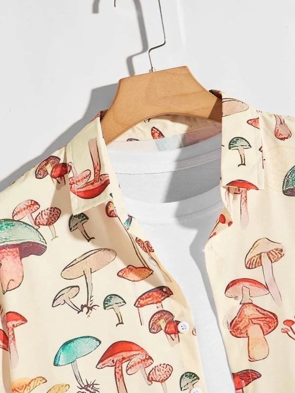 Рубашки 2022. gada vasaras vīriešu havajiešu krekli ar atloku īsām piedurknēm krāsains elements, sēņu raksts, ar pogu uz augšu, ikdienas krekls