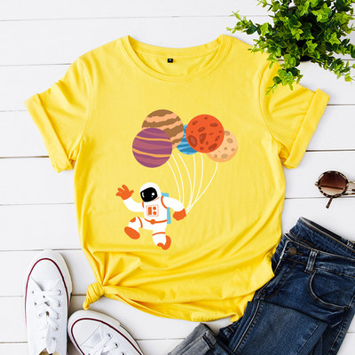JFUNCY 2021. gada pavasara vasaras T-krekli Sieviešu kokvilnas T-krekli Karikatūra Astronautu Baloni Apdrukas Krekli Ikdienas sieviešu Tkrekli