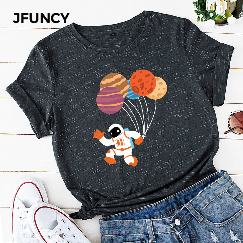JFUNCY 2021. gada pavasara vasaras T-krekli Sieviešu kokvilnas T-krekli Karikatūra Astronautu Baloni Apdrukas Krekli Ikdienas sieviešu Tkrekli