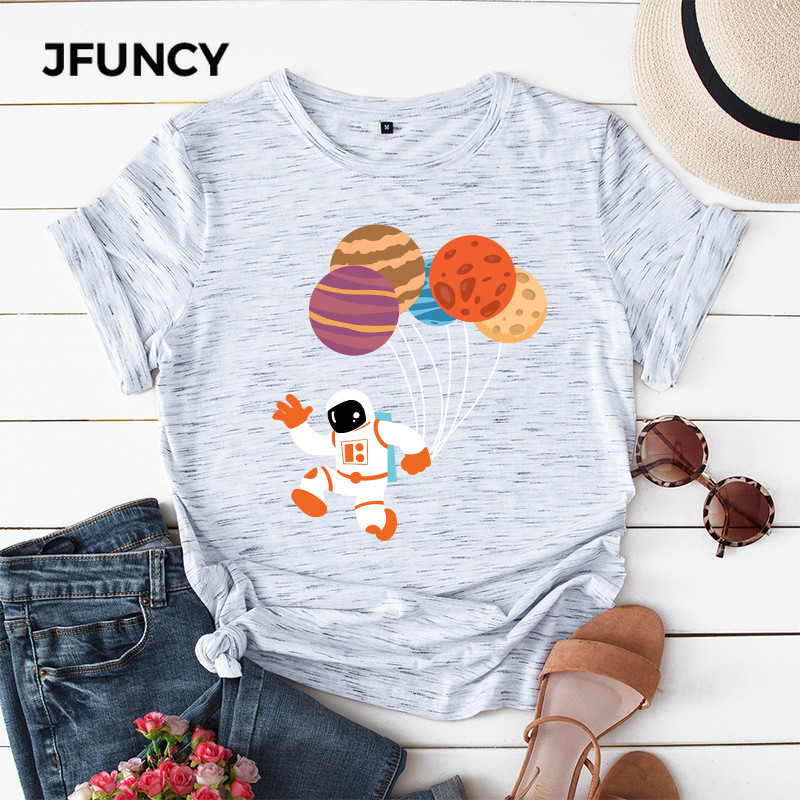 JFUNCY 2021. gada pavasara vasaras T-krekli Sieviešu kokvilnas T-krekli Karikatūra Astronautu Baloni Apdrukas Krekli Ikdienas sieviešu Tkrekli