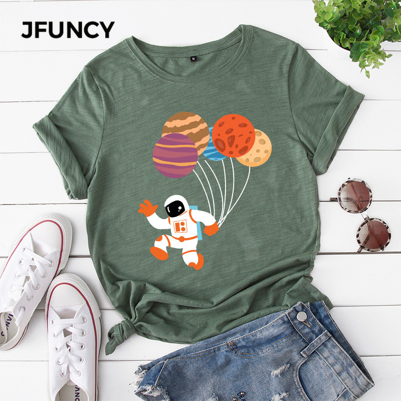 JFUNCY 2021. gada pavasara vasaras T-krekli Sieviešu kokvilnas T-krekli Karikatūra Astronautu Baloni Apdrukas Krekli Ikdienas sieviešu Tkrekli