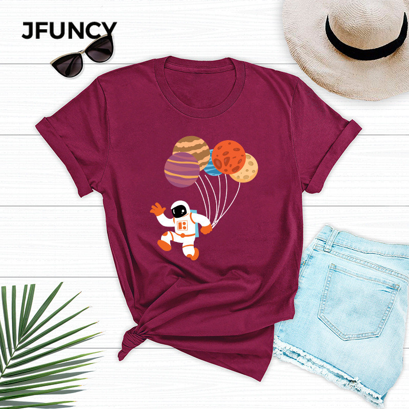 JFUNCY 2021. gada pavasara vasaras T-krekli Sieviešu kokvilnas T-krekli Karikatūra Astronautu Baloni Apdrukas Krekli Ikdienas sieviešu Tkrekli