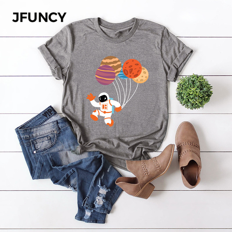 JFUNCY 2021. gada pavasara vasaras T-krekli Sieviešu kokvilnas T-krekli Karikatūra Astronautu Baloni Apdrukas Krekli Ikdienas sieviešu Tkrekli