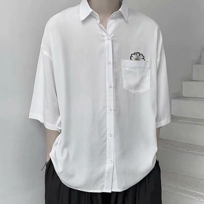 Margrietiņas ziedu apdruka Melni balti krekli ar īsām piedurknēm pludmales ielas apģērbi Havaju krekli Vīriešu ikdienas Harajuku Aloha krekls vīriešiem