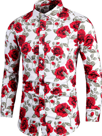 Ροζ λουλουδάτο πουκάμισο Χαβάης πουκάμισα Ανδρικά ρούχα με μακρυμάνικο πουκάμισο με στάμπα με λεπτή εφαρμογή Casual ανδρικό πουκάμισο Camisa Masculina