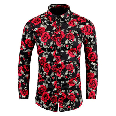 Rozā ziedu krekls Havaju krekli Vīriešu apģērbi ar garām piedurknēm apdrukas krekli Slim Fit ikdienas vīriešu krekls Camisa Masculina