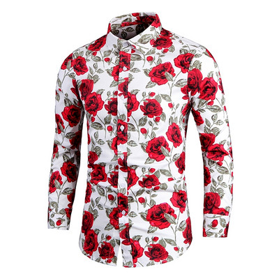 Rozā ziedu krekls Havaju krekli Vīriešu apģērbi ar garām piedurknēm apdrukas krekli Slim Fit ikdienas vīriešu krekls Camisa Masculina