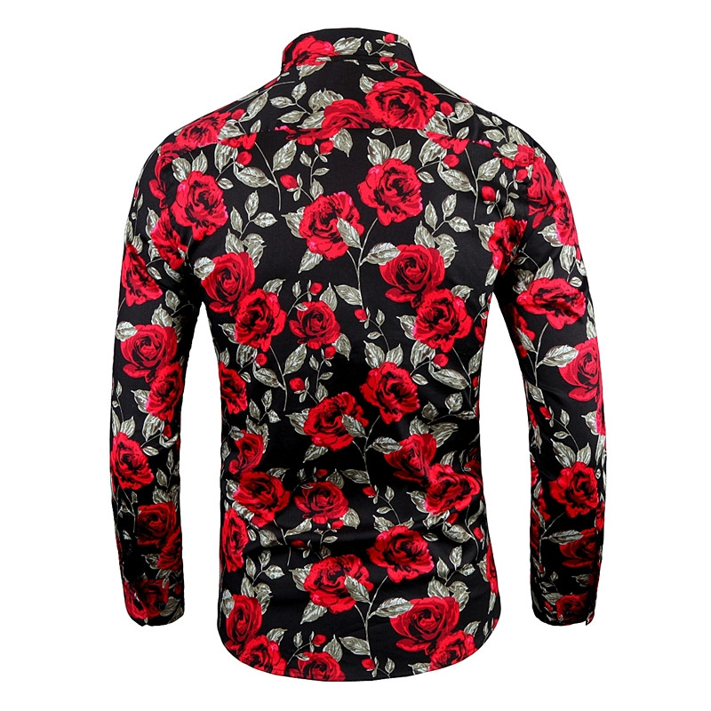 Rozā ziedu krekls Havaju krekli Vīriešu apģērbi ar garām piedurknēm apdrukas krekli Slim Fit ikdienas vīriešu krekls Camisa Masculina