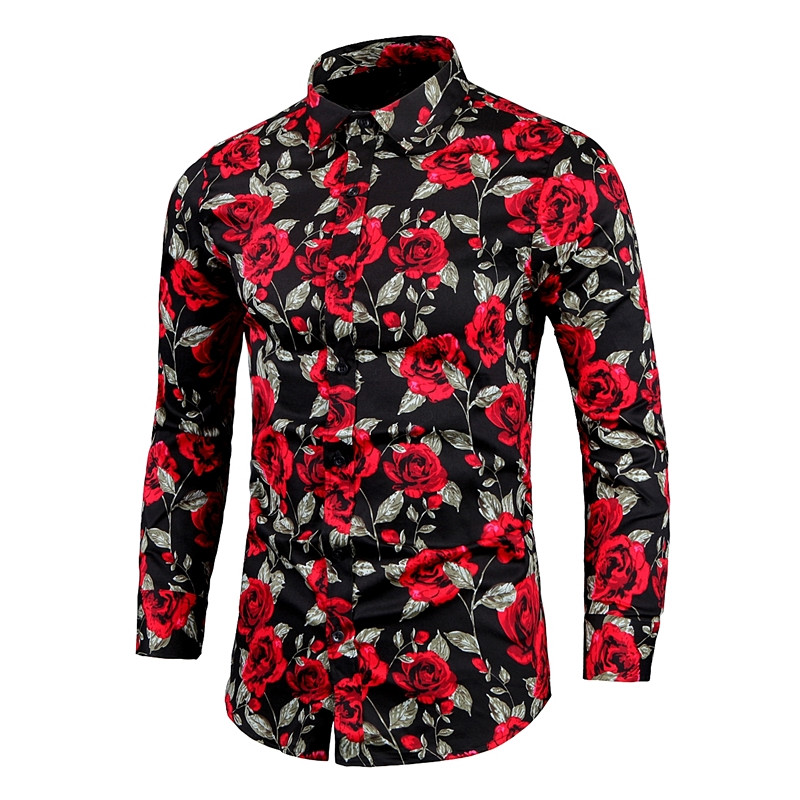 Rozā ziedu krekls Havaju krekli Vīriešu apģērbi ar garām piedurknēm apdrukas krekli Slim Fit ikdienas vīriešu krekls Camisa Masculina