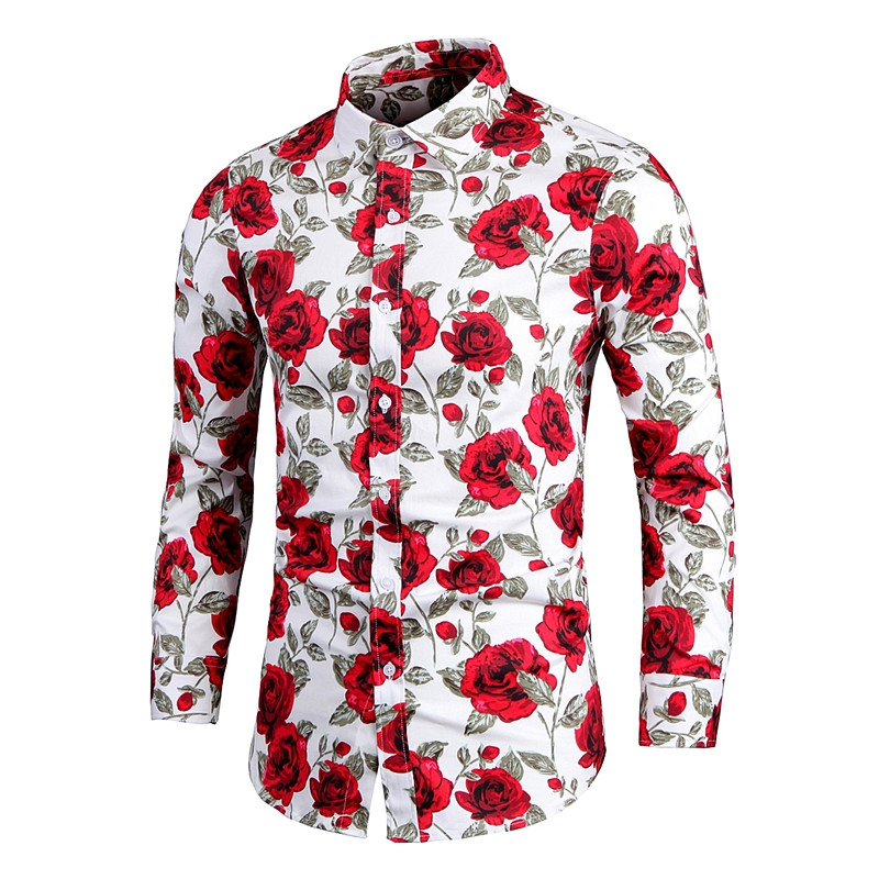 Rozā ziedu krekls Havaju krekli Vīriešu apģērbi ar garām piedurknēm apdrukas krekli Slim Fit ikdienas vīriešu krekls Camisa Masculina