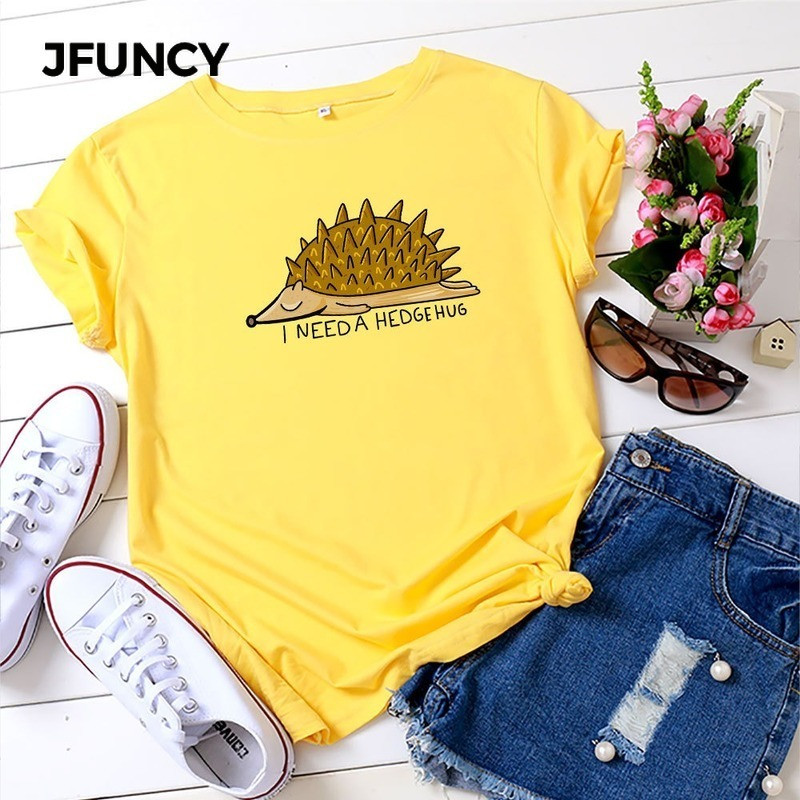 JFUNCY 2020 új pamut női póló Aranyos sündisznó rajzfilm nyomtatott nyári női felsők Többszínű rövid ujjú póló női póló