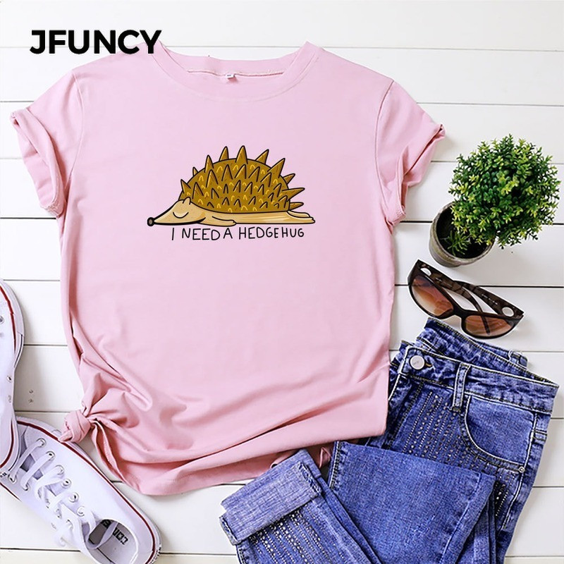 JFUNCY 2020 új pamut női póló Aranyos sündisznó rajzfilm nyomtatott nyári női felsők Többszínű rövid ujjú póló női póló