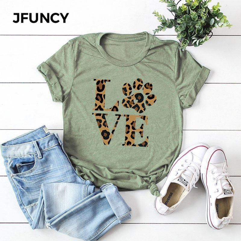 Tricou de vară JFUNCY Love Leopard Print Tricou pentru femei Casual stil coreean Tricou grafic Hip Hop Tricou pentru femei Topuri
