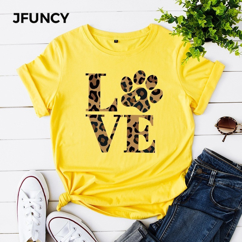 Tricou de vară JFUNCY Love Leopard Print Tricou pentru femei Casual stil coreean Tricou grafic Hip Hop Tricou pentru femei Topuri