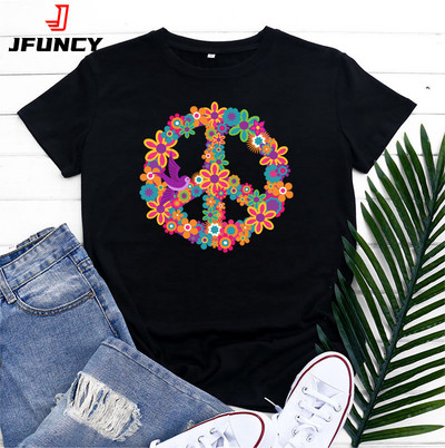 JFUNCY S-5XL 2022 Vasaros moteriški medvilniniai marškinėliai Peace Print Graphic marškinėliai trumpomis rankovėmis moteriški viršutiniai rožiniai marškinėliai