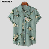 Vyriški havajietiški marškiniai su gėlėmis marginti atvartu trumpomis rankovėmis gatvės apranga 2023 m. Kasdieniai vyriški drabužiai Atostogų laisvalaikio marškiniai S-5XL INCERUN