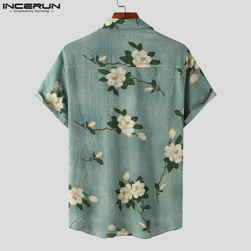 Vyriški havajietiški marškiniai su gėlėmis marginti atvartu trumpomis rankovėmis gatvės apranga 2023 m. Kasdieniai vyriški drabužiai Atostogų laisvalaikio marškiniai S-5XL INCERUN