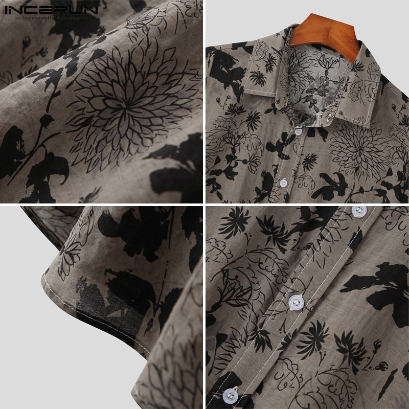 Vyriški havajietiški marškiniai su gėlėmis marginti atvartu trumpomis rankovėmis gatvės apranga 2023 m. Kasdieniai vyriški drabužiai Atostogų laisvalaikio marškiniai S-5XL INCERUN