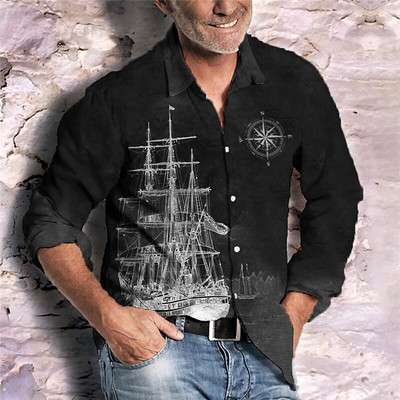 Ανδρικό πουκάμισο 2023 Sailing Lion HD Graphics Casual Outdoor Street Fashion Soft Comfort Material Ανδρικό πουκάμισο μακρυμάνικο μπλουζάκι