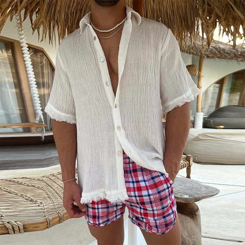 Vintage πλισέ βαμβακερά λινά ανδρικά μπλουζάκια καλοκαιρινά χαλαρά κοντό μανίκι με κουμπιά γιακά πουκάμισα casual Ανδρικά ρούχα Ζακέτες