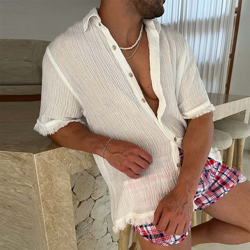 Vintage πλισέ βαμβακερά λινά ανδρικά μπλουζάκια καλοκαιρινά χαλαρά κοντό μανίκι με κουμπιά γιακά πουκάμισα casual Ανδρικά ρούχα Ζακέτες