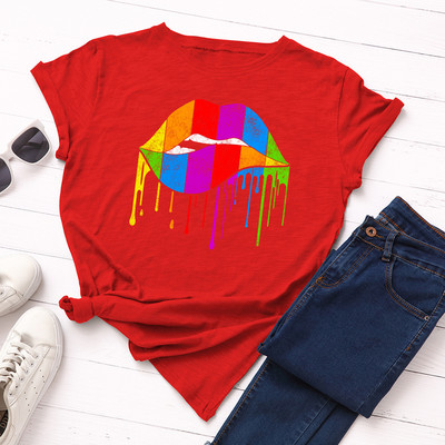 JFUNCY 100% kokvilnas vasaras T krekls Sieviešu jauns krāsains T-krekls ar apdruku lūpām, sieviešu T-krekls ar īsām piedurknēm sieviešu brīvs krekls