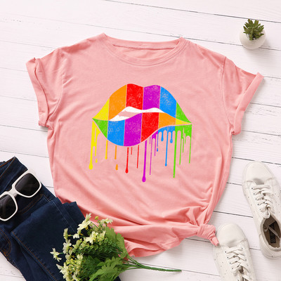 JFUNCY 100% kokvilnas vasaras T krekls Sieviešu jauns krāsains T-krekls ar apdruku lūpām, sieviešu T-krekls ar īsām piedurknēm sieviešu brīvs krekls