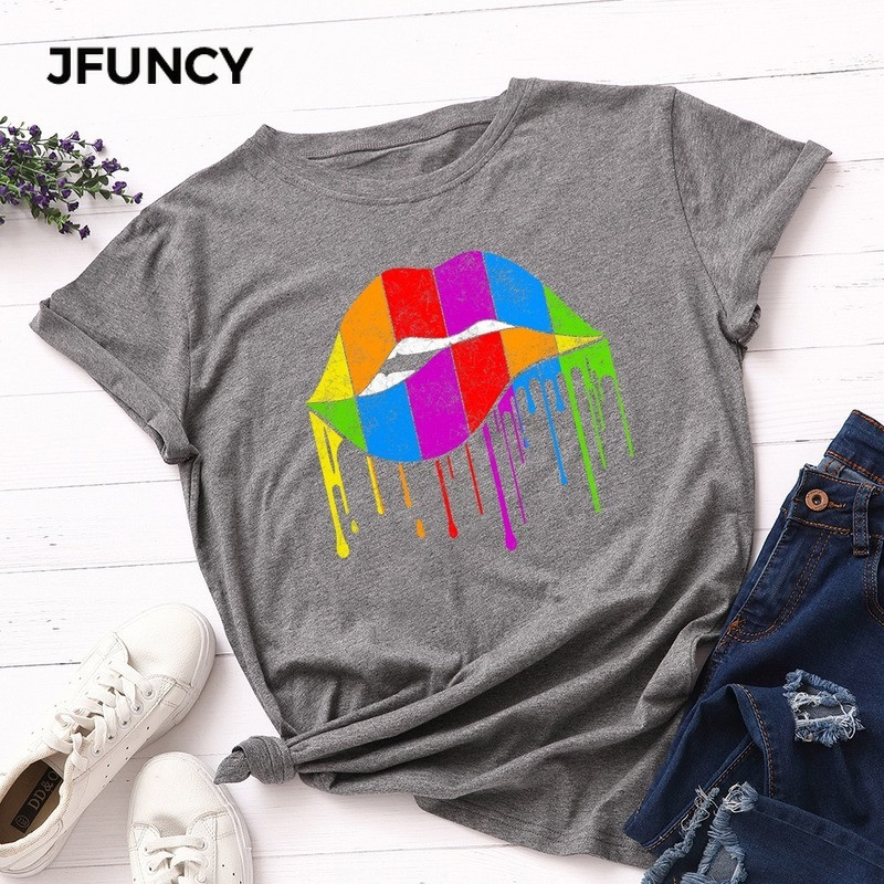 JFUNCY 100% kokvilnas vasaras T krekls Sieviešu jauns krāsains T-krekls ar apdruku lūpām, sieviešu T-krekls ar īsām piedurknēm sieviešu brīvs krekls