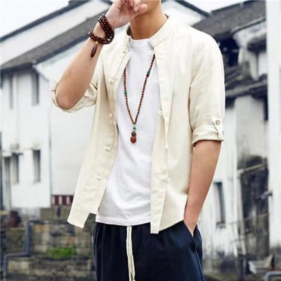 Kinų vyriški Harajuku tradiciniai viršutiniai lininiai Hanfu marškiniai Tang kostiumas 2022 m. vasaros vyriški vienspalviai kasdieniai Kung Fu marškinėliai pusrankoviais