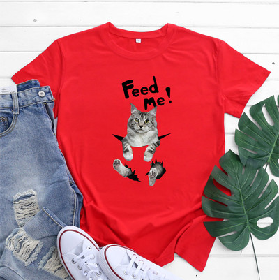 JFUNCY Dámske bavlnené tričko s krátkym rukávom, letný top, nadrozmerné tričko, dámske oblečenie, kórejská móda, ženské tričko s grafikou mačky